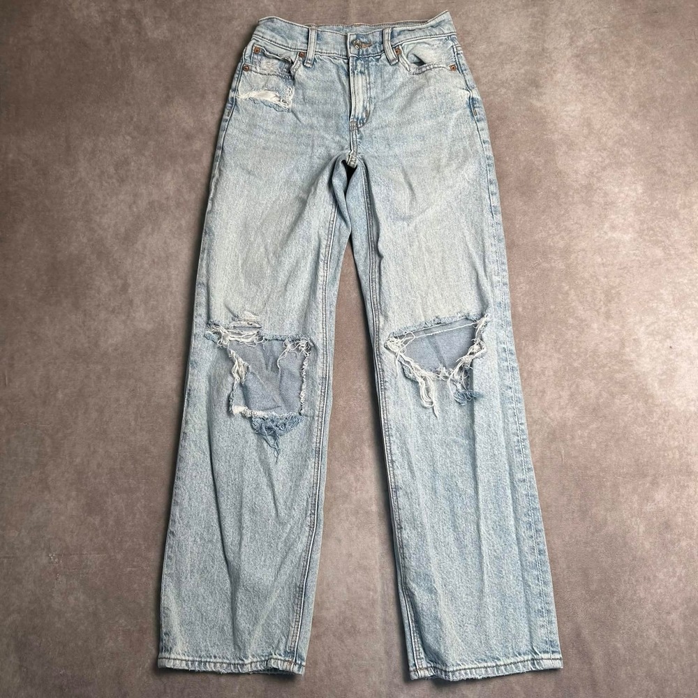 American Eagle Stovepipe High Rise Distressed Straight Leg Jeans Light Wash 000